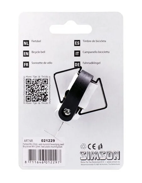 Simson fietsbel Mini 32mm met vaste kunststof bevestiging - zwart