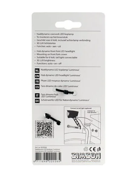 Simson Naafdynamo koplamp 'Luminous', 30 LUX, auto/on/off