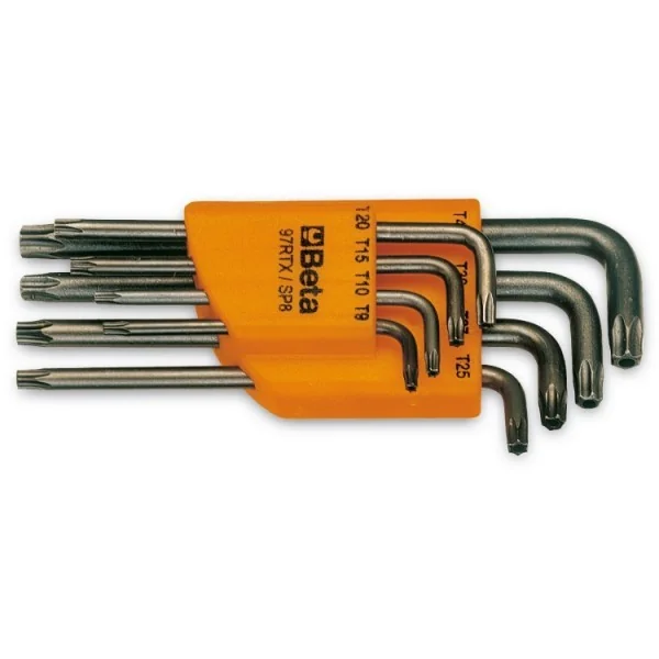 8-delige set haakse stiftsleutels Beta Tools met Tamper Resistant Torx® profiel (art. 97RTX) met support T9-T10-T15-T20-T25 T2