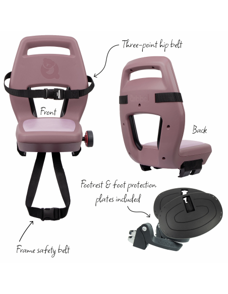 Kinderzitje achter Qibbel Junior 6+ met voetsteunen, gordel en beschermplaat - roze