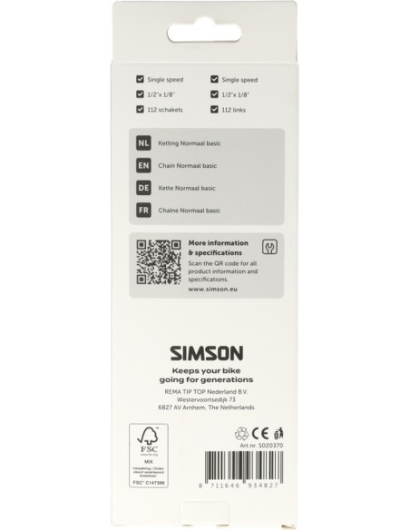 Ketting single speed Simson Basic 1/2"x 1/8" 112 schakels - zilver