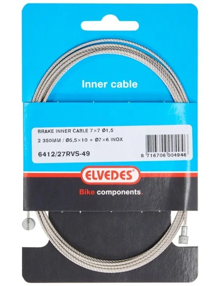Rem binnenkabel Elvedes 2250mm 7×7 draads RVS ø1,5mm met V-nippel ø5,5 × 10 en T-nippel ø7 × 6mm
