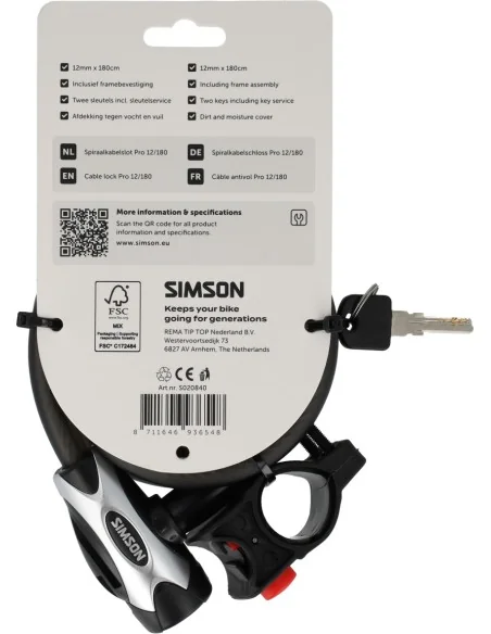 Spiraalkabelslot Simson Pro size XXL - 12mm x 180cm