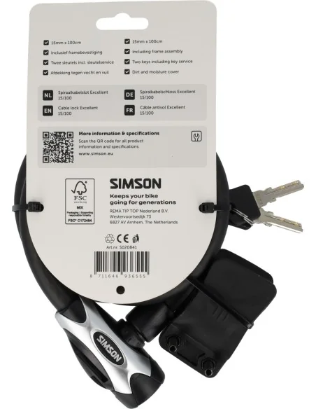 Spiraalkabelslot Simson Excellent size L - 15mm x 100cm