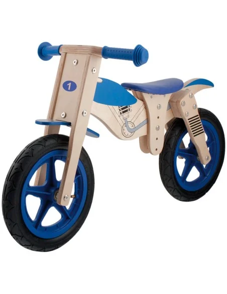 Loopfiets hout - Motor look met blauwe velgen
